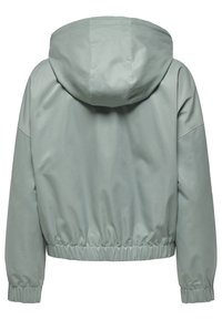 Veste à capuche gris clair avec poignets et ceinture élastiques, vue de dos.