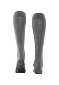 Graue knielange Socken mit glatter Textur, verstärktem Zehenbereich und gerippten Bündchen. Das Design ist schlicht, ohne sichtbare Muster oder Akzente.