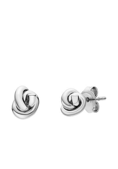 Boucles d'oreilles en argent avec un design de nœud torsadé. Texture lisse et brillante avec une forme minimaliste et un fermoir à tige sécurisée.