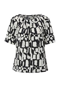 Korte mouw blouse van lichte stof met een zwart-wit abstract patroon, ronde halslijn en plooidetail aan de voorkant.