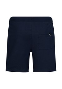 Shorts in cotone blu navy con una texture liscia, dotati di una tasca posteriore e di un elastico in vita per il massimo comfort. Design semplice e funzionale.