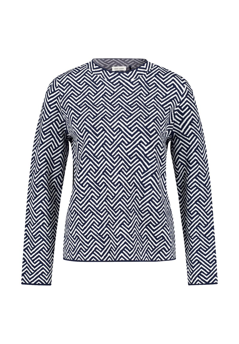 Suéter de manga larga en navy y blanco con un patrón de zigzag, cuello redondo y puños acanalados, hecho de una tela de punto texturizada.