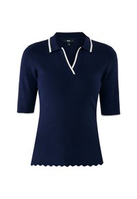 Granatowa, ribbowa koszulka polo z krótkim rękawem, z białymi wykończeniami przy kołnierzyku, dekolcie w kształcie litery V, mankietach oraz falbaniastym wykończeniem dołu.