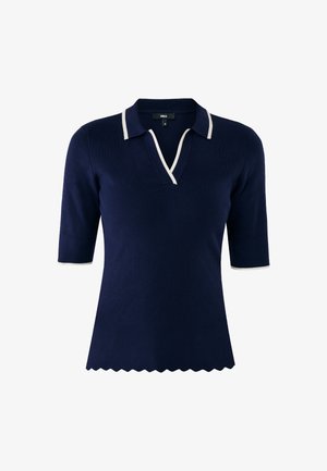Polo bleu marine à manches courtes en ribbed avec des bordures blanches sur le col, le décolleté en V, les poignets et l'ourlet festonné.