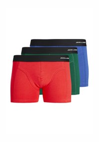 Drie paren boxershorts in een rode, groene en blauwe katoenen mix, met zwarte elastische taillebanden met de merknaam "JACK & JONES".