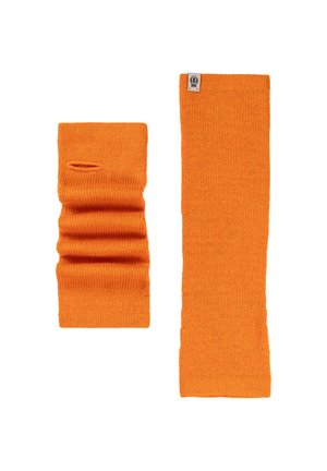 Two orange knit accessories: one is a long, flat piece, and the other is a shorter, gathered piece with a small opening in the middle.