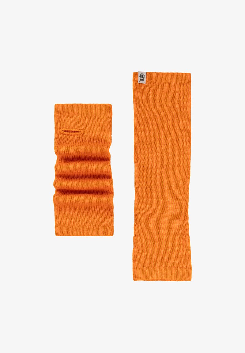 Two orange knit accessories: one is a long, flat piece, and the other is a shorter, gathered piece with a small opening in the middle.
