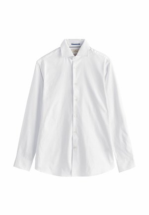 Witte blouse met lange mouwen, knoopsluiting aan de voorkant, klassieke kraag, glad katoen materiaal, getailleerde pasvorm, zonder patronen, standaard manchetten.