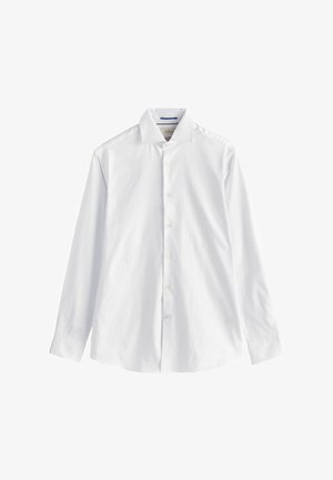 Witte blouse met lange mouwen, knoopsluiting aan de voorkant, klassieke kraag, glad katoen materiaal, getailleerde pasvorm, zonder patronen, standaard manchetten.