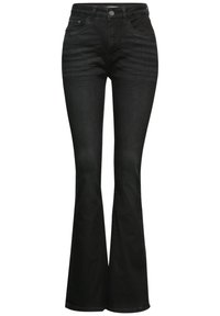 Pantalones vaqueros acampanados negros de denim, con un diseño clásico de cinco bolsillos y un cierre de botón metálico en la cinturilla.