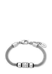 Bracciale in metallo tono argento con design a catena intrecciata, caratterizzato da tre perle tonde, una con accenti neri e due con pietre trasparenti.
