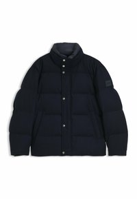 Giacca piumino di un elegante blu navy scuro. Presenta un colletto alto, chiusura con bottoni a scatto e tasche laterali. Design a trama trapuntata per un'ottima isolamento.