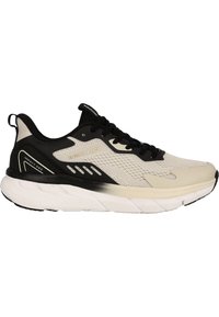 Lätta löparskor med en beige nätovandel, svarta detaljer och vadderad vit sula. Har en tungs etikett och sidoventilationsremsor.