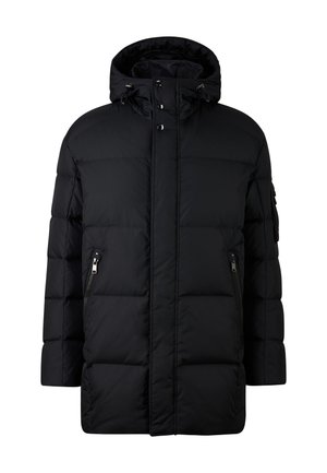 Sort puffjakke med hætte, der har et kviltet design, to lynlåslommer på siderne og en tekstureret finish.