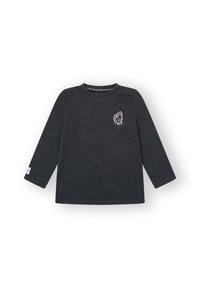 Camiseta de algodón gris de manga larga con un gráfico colorido de calavera en el pecho, cuello redondo y una etiqueta en la manga izquierda.