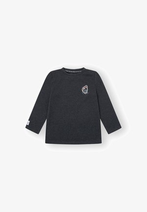 Camiseta de algodón gris de manga larga con un gráfico colorido de calavera en el pecho, cuello redondo y una etiqueta en la manga izquierda.