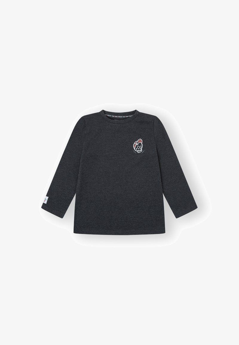 Camiseta de algodón gris de manga larga con un gráfico colorido de calavera en el pecho, cuello redondo y una etiqueta en la manga izquierda.