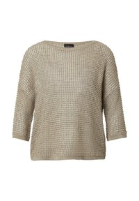 Hellbeige gestrickter Pullover mit einem strukturierten, luftigen Muster, weitem Rundhalsausschnitt und Dreiviertelärmeln. Gerippte Bündchen und Saum.