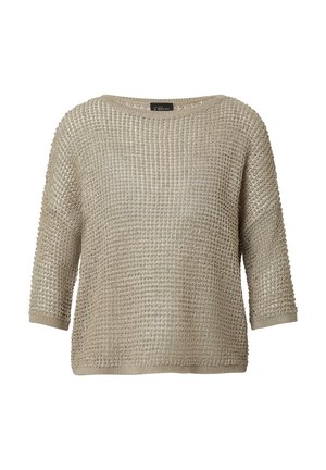 Jasnobeżowy sweter dziany z teksturowanym, otwartym splotem, z okrągłym dekoltem i rękawami o długości trzech ćwiartek. Prążkowane mankiety i dół.