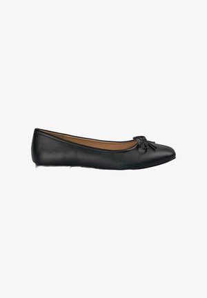 Schwarze Leder-Ballerinas mit einer runden Zehenform und einem kleinen Schleifendetail auf der Vorderseite. Glatte Textur und flache Sohle.