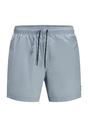 Lys blå badshorts laget av glatt syntetisk stoff; har en elastisk midjebånd med svarte snorer og side lommer.