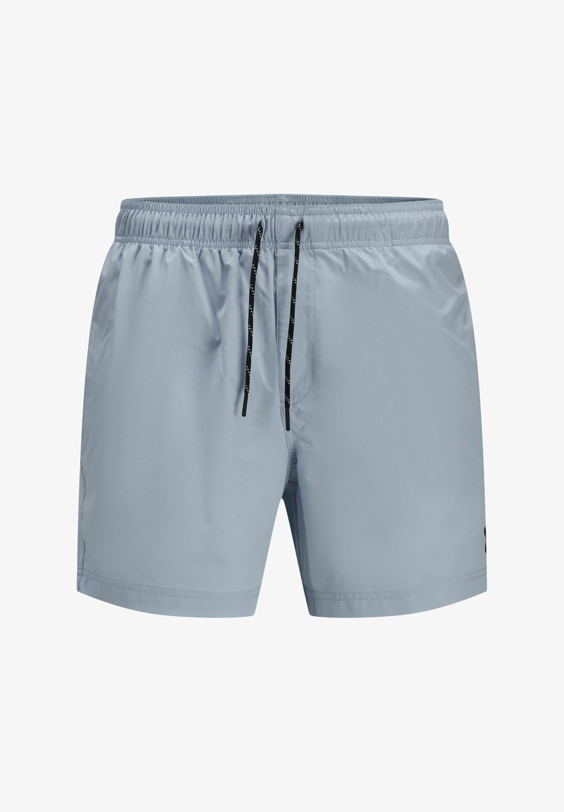 Šviesiai mėlynos maudymosi šortai, pagaminti iš lygios sintetinės medžiagos; turi elastingą juosmenį su juodomis raištelėmis ir šoninėmis kišenėmis.