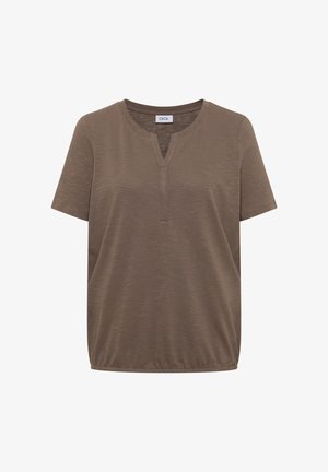 Lyhythihainen ruskea toppi, jossa V-mallinen leikkaus kaula-aukon kohdalla ja joustava helma, valmistettu kuvioidusta kankaasta, sisältä kauluksen kohdalla merkki "Cecil".