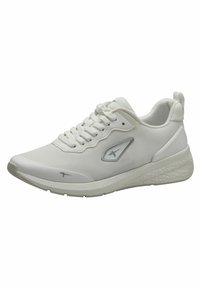 White athletic shoes with a smooth synthetic upper, textured accents, lace-up closure, and a cushioned sole. Features a silver logo detail.