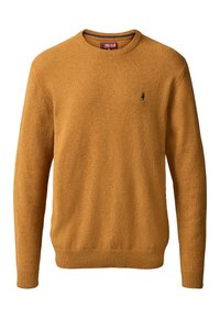 Senfgelber Strickpullover mit geripptem Rundhalsausschnitt und Bündchen. Mit kleinem Logo auf der linken Brust. Weiche Textur, mittleres Gewicht.