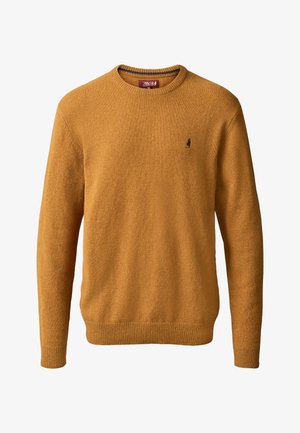 Mustard yellow knit sweater with ribbed crew neckline and cuffs. Features a small logo on the left chest. Soft texture, medium weight.