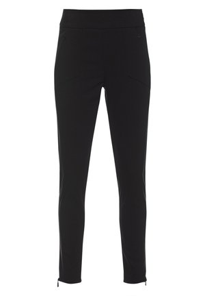 Czarne spodnie slim-fit z wysokim stanem, kieszeniami bocznymi na zamek i zamkami przy kostkach dla regulowanego dopasowania.
