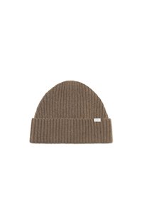 Brown ribbed knit beanie with a folded cuff. Made of soft fabric, features a small label on the cuff. Compact and rounded shape.
