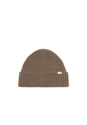 Brown ribbed knit beanie with a folded cuff. Made of soft fabric, features a small label on the cuff. Compact and rounded shape.
