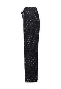 Black pajama pants with white polka dots, featuring an elastic waistband and drawstring, straight-leg design, and soft fabric texture.