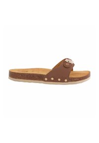 Sandal con zeppa marrone, con una soletta in sughero, suola piatta, cinturino regolabile e borchie decorative in metallo. Finitura liscia e design minimalista.