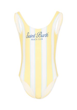 Żółto-biały jednoczęściowy kostium kąpielowy w pionowe paski z niebieskim napisem "Saint Barth Beach Club" na piersi.