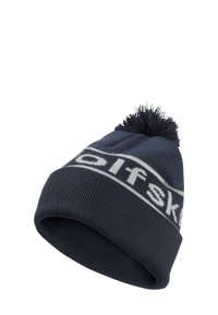 Navy knit beanie with a white logo band, topped with a fluffy pom-pom. Features a textured finish and snug fit for warmth.