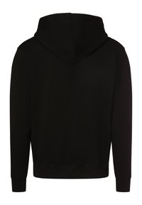Zwarte hoodie met een gladde textuur, lange mouwen en ribbelmanchetten. Heeft een eenvoudig ontwerp zonder patronen of accenten.