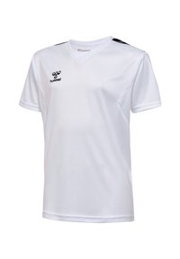 Weißes Sporttrikot aus leichtem Stoff, mit V-Ausschnitt, kurzen Ärmeln und schwarzen Akzenten an den Schultern, mit einem Logo auf der Brust.