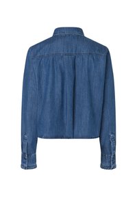 Blauwe denim jack, cropped ontwerp, lange mouwen, knoopmanchetten, klassieke kraag, rugplooidetail, zachte textuur en lichte wassing.