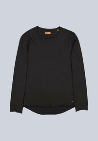 Schwarz langärmliges T-Shirt aus weichem Material, mit rundem Halsausschnitt, abgerundetem Saum und dezentem Markenetikett auf der unteren linken Seite.