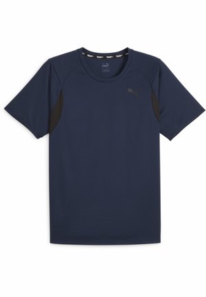 T-shirt de sport bleu marine à manches courtes avec des panneaux latéraux noirs et un logo Puma discret sur la poitrine.