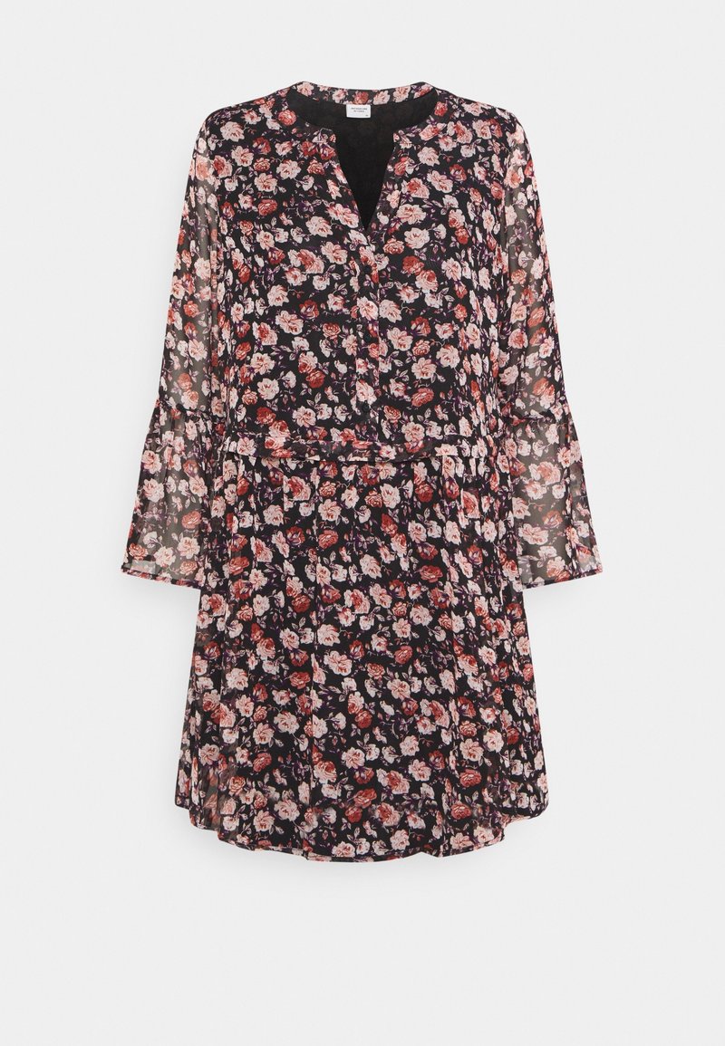 Robe noire longueur genou avec manches longues transparentes et imprimé floral rose et rouge, avec un décolleté fendu et une taille froncée.
