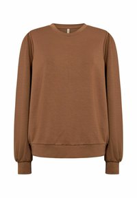 Brązowy długi rękaw sweter wykonany z miękkiego materiału. Posiada okrągły dekolt i ściśnięte mankiety. Prosty, minimalistyczny design bez wzorów czy akcentów.