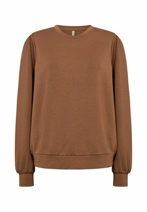 Brauner Langarm-Sweatshirt aus weichem Material. Mit Rundhalsausschnitt und gerippten Bündchen. Einfache, klare Gestaltung ohne Muster oder Akzente.