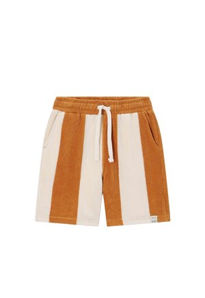 Short en éponge à rayures verticales marron et beige avec taille élastique, cordon blanc et poches latérales.