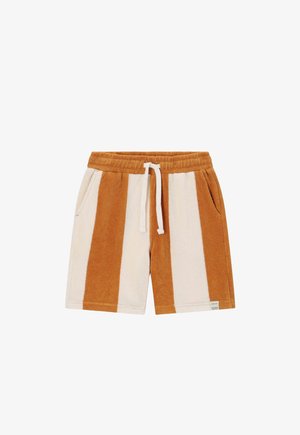 Short en éponge à rayures verticales marron et beige avec taille élastique, cordon blanc et poches latérales.