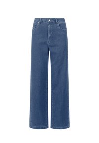Weite Jeans aus mittelblaurem Denim mit klassischem Fünf-Taschen-Design, Knopfverschluss und leichter Ausbleichung. Robuster Stoff mit glatter Textur.