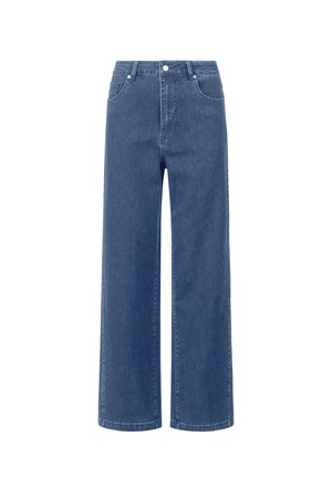 Jeans a gamba larga in denim blu medio con un classico design a cinque tasche, chiusura con bottone e leggera scoloritura. Tessuto resistente con una texture liscia.