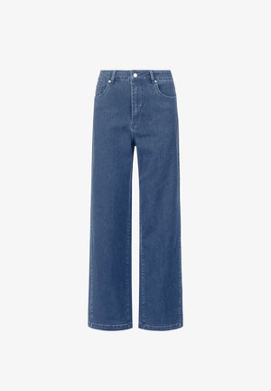 Jeans a gamba larga in denim blu medio con un classico design a cinque tasche, chiusura con bottone e leggera scoloritura. Tessuto resistente con una texture liscia.